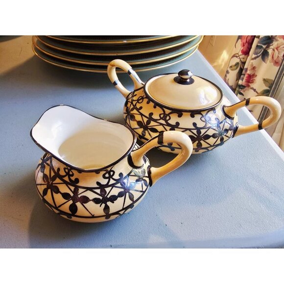 Antique Lenox Ivory Porcelain Cream & Sugar Set With Silver Overlay (LE1000) - Picture 2 of 6